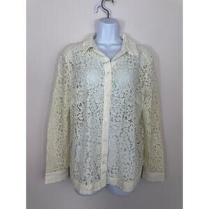 H&M Ivory Lace Button-Up Blouse Size 12 Floral Sheer Long Sleeve